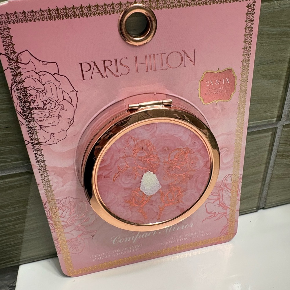 Paris Hilton 1-2X Magnification Floral Etched Compact Mirror w/Gold Trim